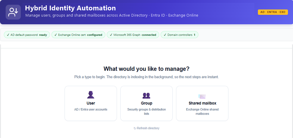 Entity-first home — pick User, Group or Shared mailbox. The directory pre-indexes in the background so the next steps are instant.