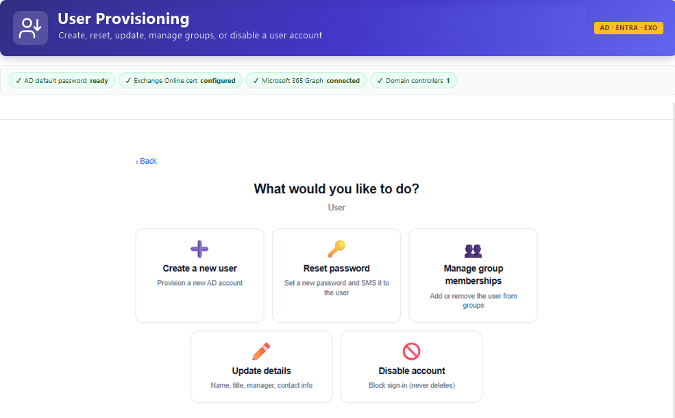 User actions — create, reset password, manage group memberships, update details, or disable (block sign-in, never delete).