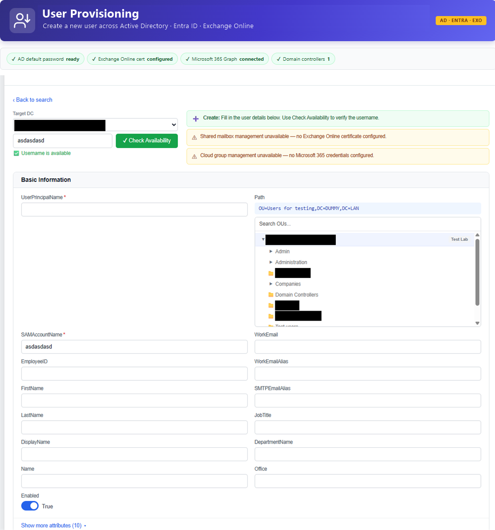 Create a user — live username Check Availability, a searchable multi-DC OU tree, and 30+ AD / Exchange-hybrid attributes.