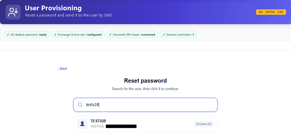 Reset password — type-ahead search resolves the user live against the directory.