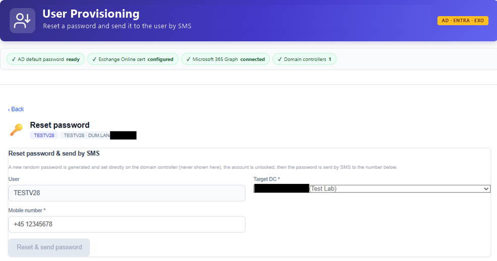 Reset & send by SMS — a random password is set straight on the domain controller (never shown) and texted to the user.