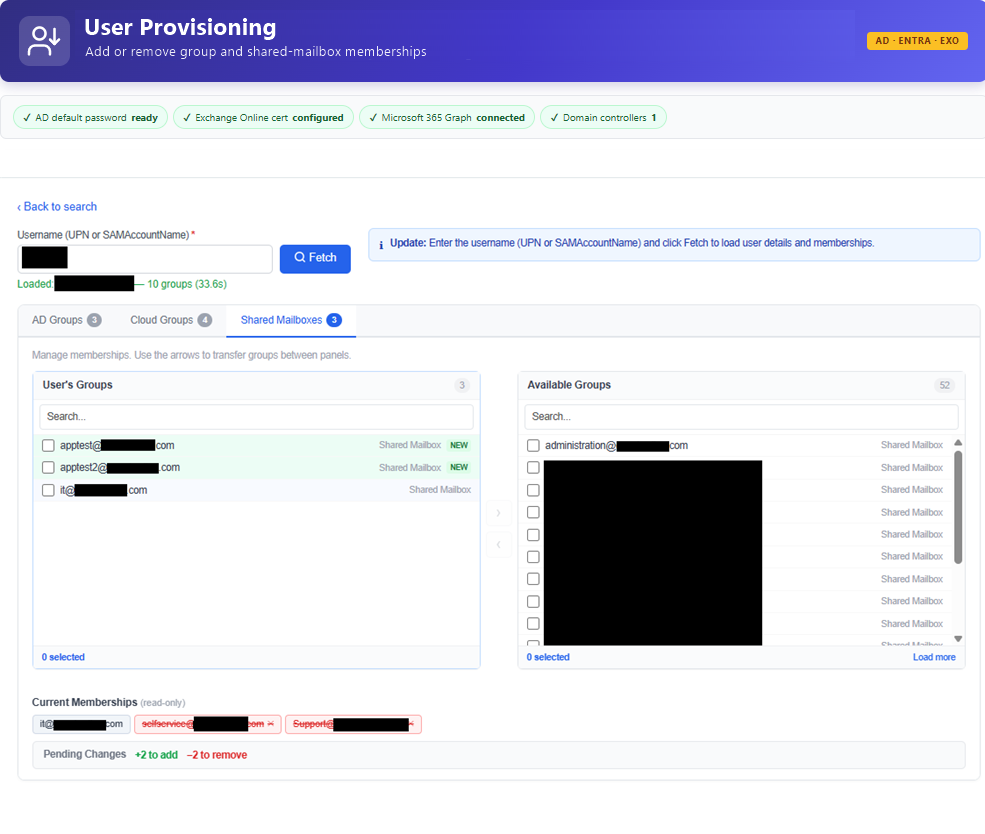 Live state across AD + Entra + Exchange — AD groups, cloud groups and shared mailboxes loaded on demand (here, the Shared Mailboxes tab), then edited as Added / Removed deltas.